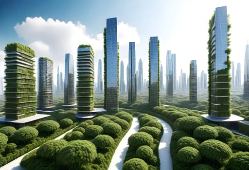 AI generated of a city with tall buildings and green landscape trees