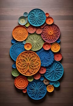 AI generated of a colorful design is on a wooden surface with a colorful collection of plates with circular designs