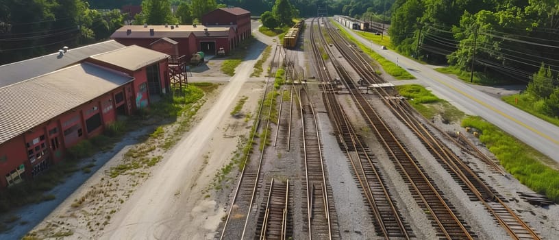 Evening light bathes industrial train tracks and graffiti-laden buildings, showcasing the gritty urban edge in a high-altitude shot