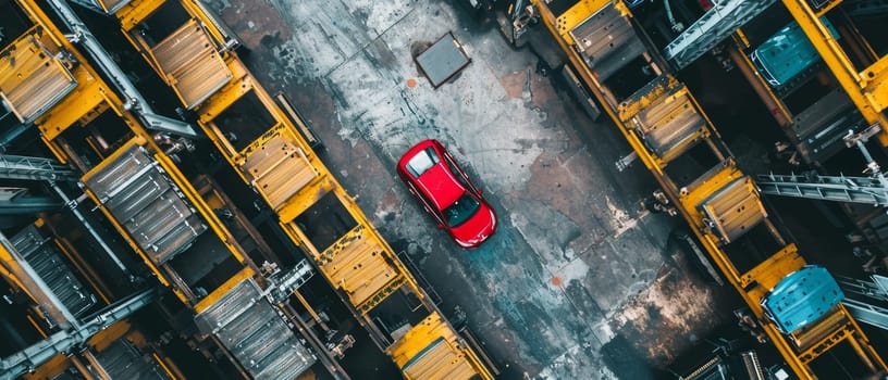 A striking solitary car is surrounded by the vast expanse of an industrial site from an aerial viewpoint, juxtaposing isolation with industrial grandeur