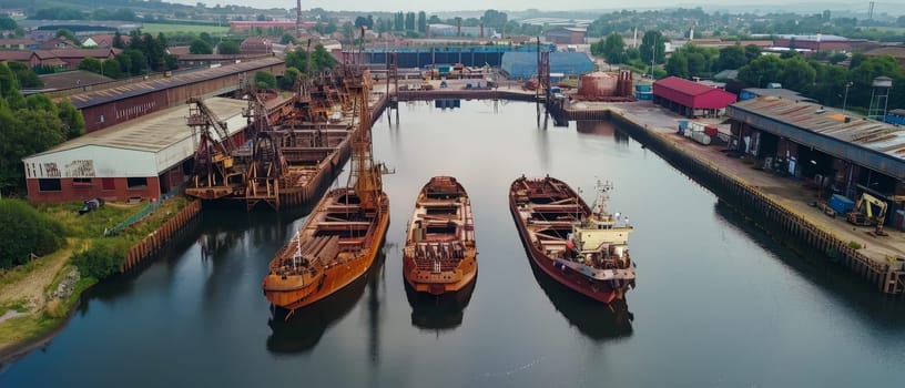 An aerial perspective of an industrial shipyard, showcasing rustic cargo ships docked by warehouses under an overcast sky, highlighting the raw beauty of maritime commerce