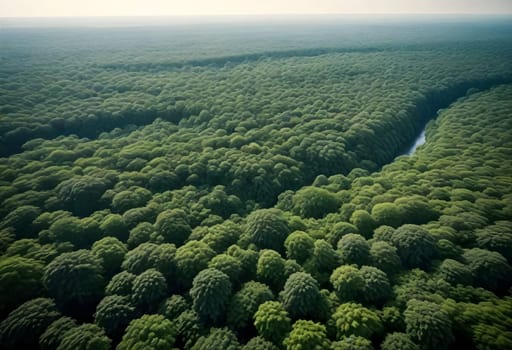 AI generated of aerial view of green forest with river in the middle