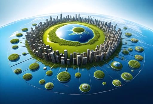 AI generated of an image of a green earth with many buildings
