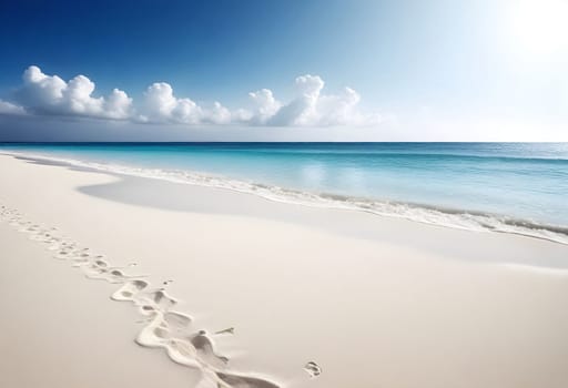 AI generated of footprints in the sand on a beach with a blue sky and clouds