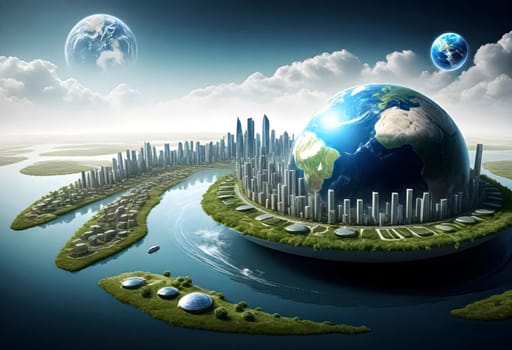 AI generated of an image of a city with a green planet