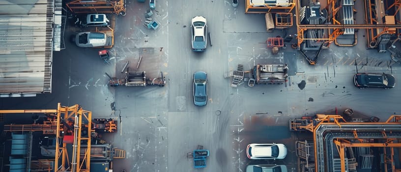 An overhead snapshot captures a few scattered cars against the backdrop of an industrial urban landscape, with vivid markings on the asphalt