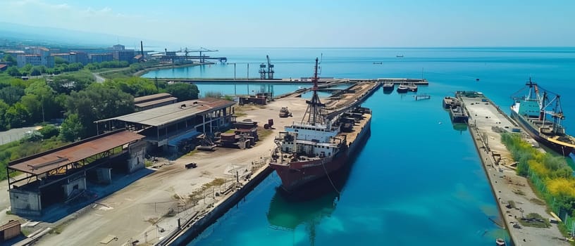 An aerial shot captures the vibrant turquoise waters of a bustling shipyard, with ships being serviced in the warm glow of sunlight, emphasizing the activity of maritime trade