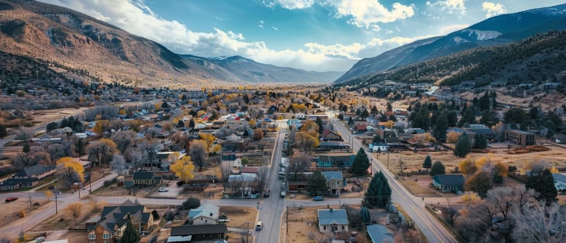 The setting sun showers a mountain town with a golden glow, highlighting the roads and homes amidst the picturesque valley and pine-covered hills