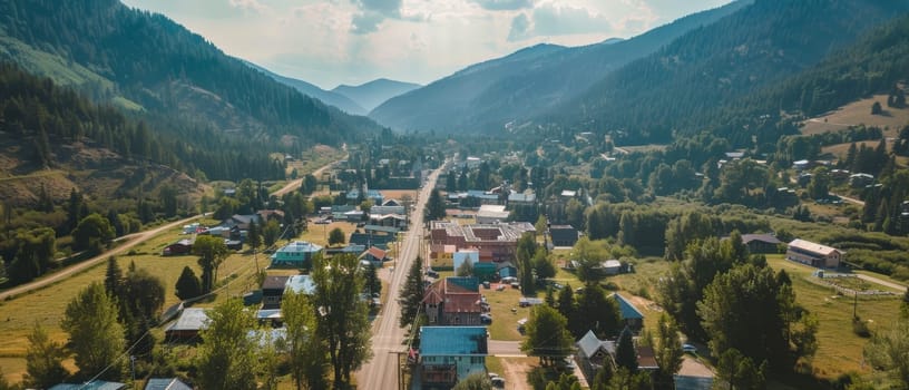 The golden hour brings out the tranquil beauty of a quiet valley, with a tapestry of homes and roads surrounded by verdant hills and a clear sky