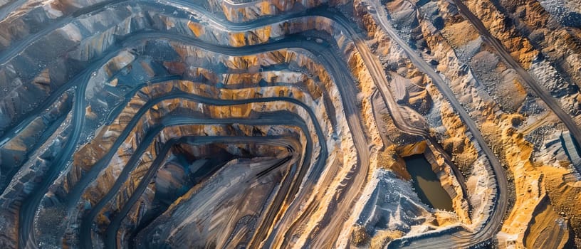 The serpentine paths of a mining operation wind through the deep striations of the earth's layers, captured from an aerial perspective