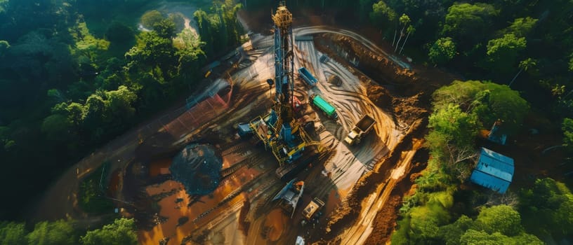 Surrounded by lush greenery, an open-pit mining site showcases the juxtaposition of industrial operations and nature in a stunning aerial perspective