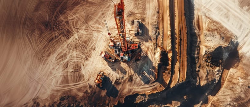 Showcasing the sheer scale, an aerial view unveils a colossal drilling rig cutting through the rugged terrain of an open-pit mining site