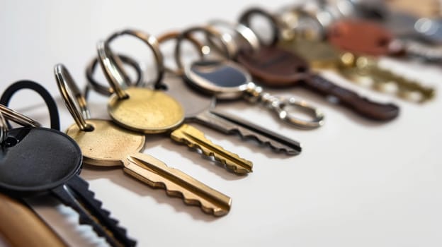 A group of keys is placed on top of a wooden table. The keys are of different shapes and sizes, and they are neatly arranged. The table surface is plain and clean.
