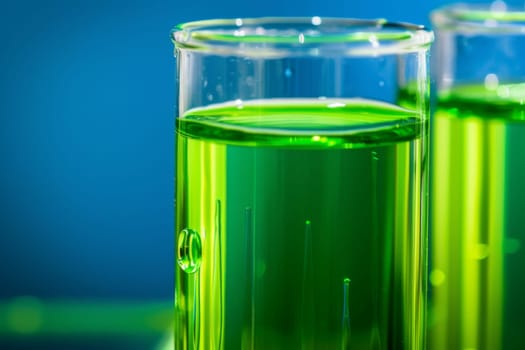 Two clear glasses filled with green liquid are placed on a wooden table. Both glasses are half-full, and there are no other objects around them.