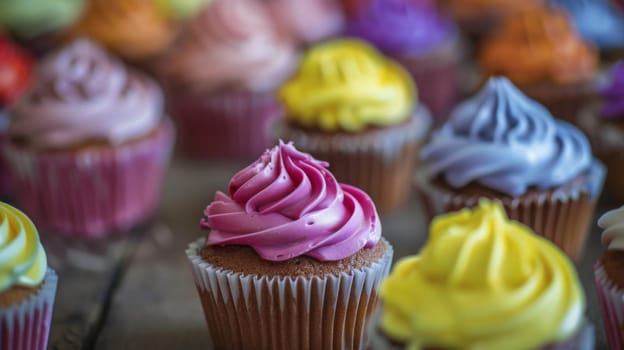 A variety of cupcakes in different flavors and decorations are neatly arranged on a table, showcasing their colorful frosting and sprinkles.