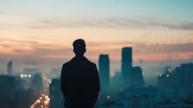 A man is standing in front of a city skyline, with towering buildings and urban landscape in the background. He appears small in comparison to the cityscape, emphasizing the modern, urban environment.