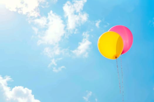 Two colorful balloons are gently floating in the clear blue sky, drifting with the soft breeze as they ascend higher into the atmosphere.