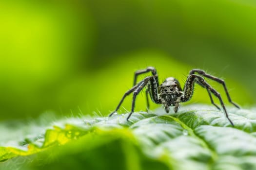 A close-up view of a spider crawling on a green leaf, showcasing the intricate details of the spiders body and its movements as it navigates the leafs surface.