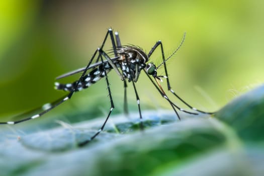 In the close-up view, a mosquito is perched on a leaf, its long legs gripping onto the surface. The mosquitos proboscis is extended, possibly seeking out a source of nourishment from the leaf.