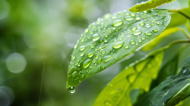 A green leaf covered in glistening water drops stands out against a blurred background. The droplets cling to the leafs surface, reflecting light and magnifying the leafs intricate veins and textures.