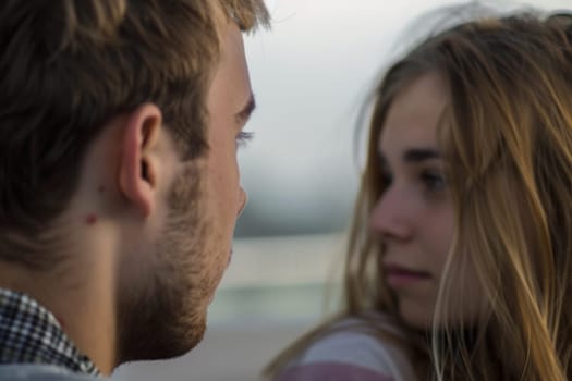 A man and a woman standing face to face, looking directly into each others eyes with a focused expression. They appear engaged in a deep conversation or emotional moment.