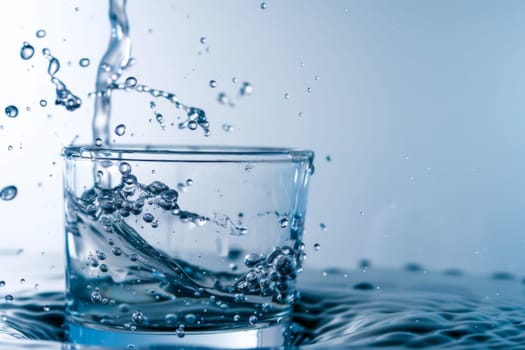 A glass of water sits on a surface, with a splash of water frozen in motion above the glass. The liquid appears clear and transparent, creating a refreshing and simple composition.