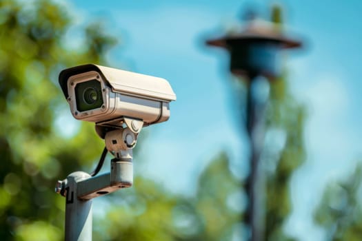 A close-up view of a camera mounted on a pole, capturing images or recording video. The camera appears to be stationary and aimed in a specific direction.