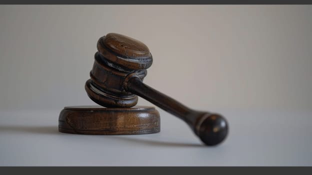 A wooden judges gavel is placed on top of a table, showing the symbol of authority and decision-making in a legal setting.