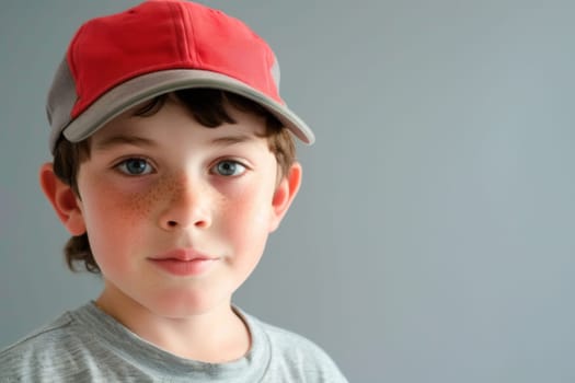 A young boy stands wearing a red and gray hat, looking directly at the camera. His outfit is casual and he appears confident in his stance.