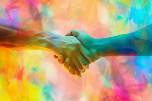 Two individuals are seen holding hands while standing in front of a vibrant and colorful background. The scene captures a connection between the two people as they engage in this simple yet powerful gesture.