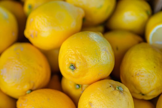 Multiple yellow lemons are stacked neatly next to each other, showcasing their vibrant color and round shape. The lemons appear fresh and ripe, creating a visually appealing arrangement.