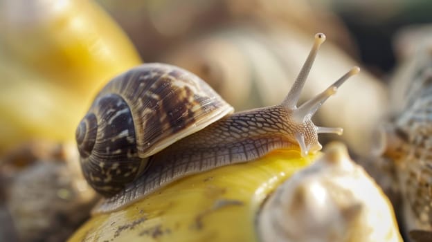 A small brown snail is comfortably resting on the curved surface of a yellow banana. The snails shell is prominently displayed as it glides on the smooth banana skin under natural light.