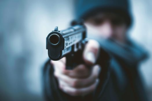 A man is depicted in the image holding a gun in his hand. He appears to be standing and aiming the weapon in a specific direction.