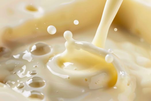 Close-up view of milk being poured from a container into a bowl. The white liquid is flowing smoothly, filling the bowl gradually.