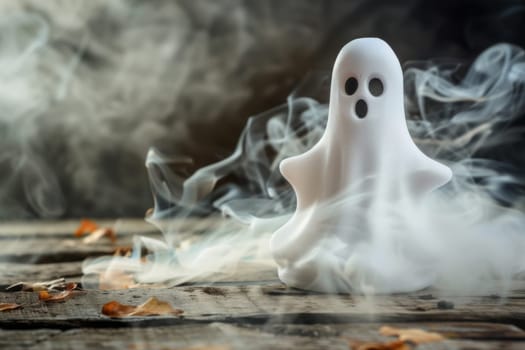 A white ghostly figure emitting wisps of smoke, creating a spooky and haunting atmosphere. The smoke swirls around the ghost, enhancing its supernatural presence.