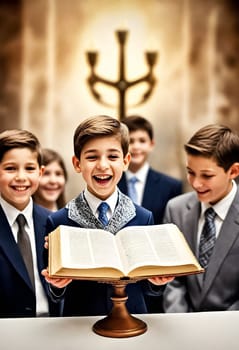 AI generated of a group of boys in suits and ties are holding an open bible