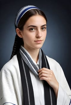 AI generated of a young woman in a white shirt and black and white striped prayer shawl called tallit