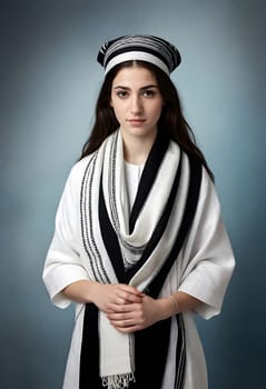 AI generated of a young woman wearing a blue and white scarf, tallit