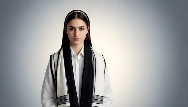 AI generated of a woman in a white shirt and black and white prayer shawl, tallit