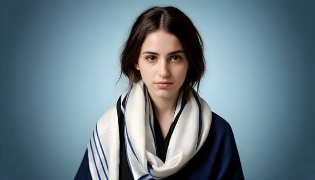 AI generated of a young woman wearing a blue and white scarf, tallit