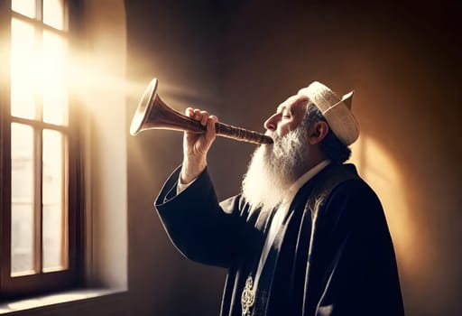 Ai generated of jewish man blowing horn in church
