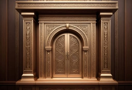 AI generated of an ornate door with a gold frame and decorative carvings