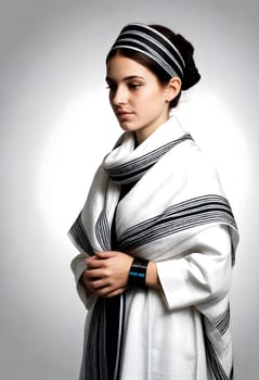 AI generated of a woman in a white and black striped prayer shawl called tallit