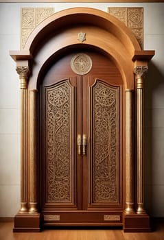 AI generated of a large wooden door with ornate carvings