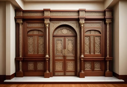 AI generated of a large wooden door with ornate carvings