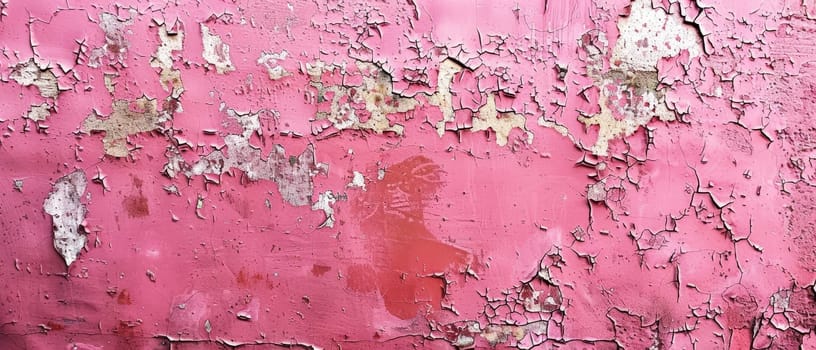 Panoramic image capturing the full scale of a decaying pink wall with peeling paint and cracks spread throughout