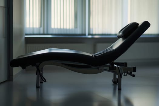 A black chair is positioned in front of a window. The chair is empty, while the window shows a view of the outside. Light streams in through the window, casting shadows on the chair.