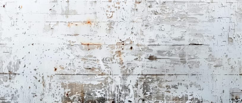 An extensive panoramic view of a weathered white wall, with a detailed texture of peeling paint and aged markings