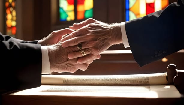 AI generated of a man's hands are on a bible with a stained glass window behind him