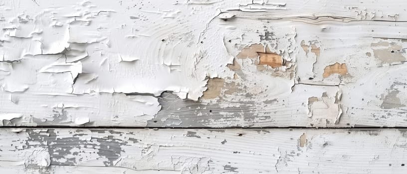 An extensive panoramic view of a weathered white wall, with a detailed texture of peeling paint and aged markings
